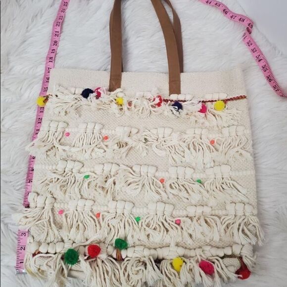 Sonoma Women’s Large Canvas Tote Purse Cream Multi-Color Pom Pom - Picture 7 of 9